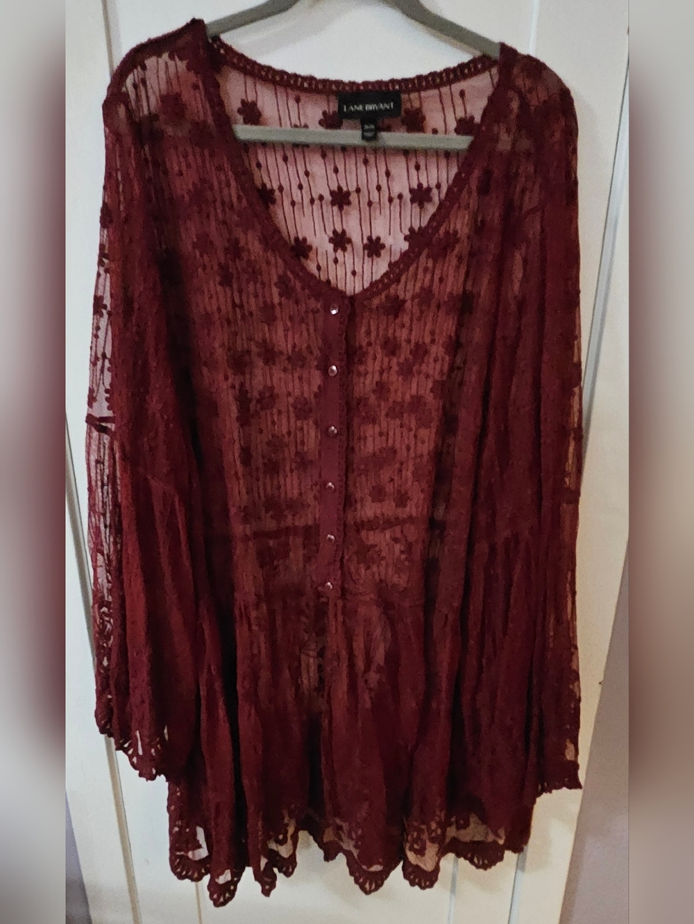 Lane Bryant 26/28 Deep Wine Floral Mesh Blouse